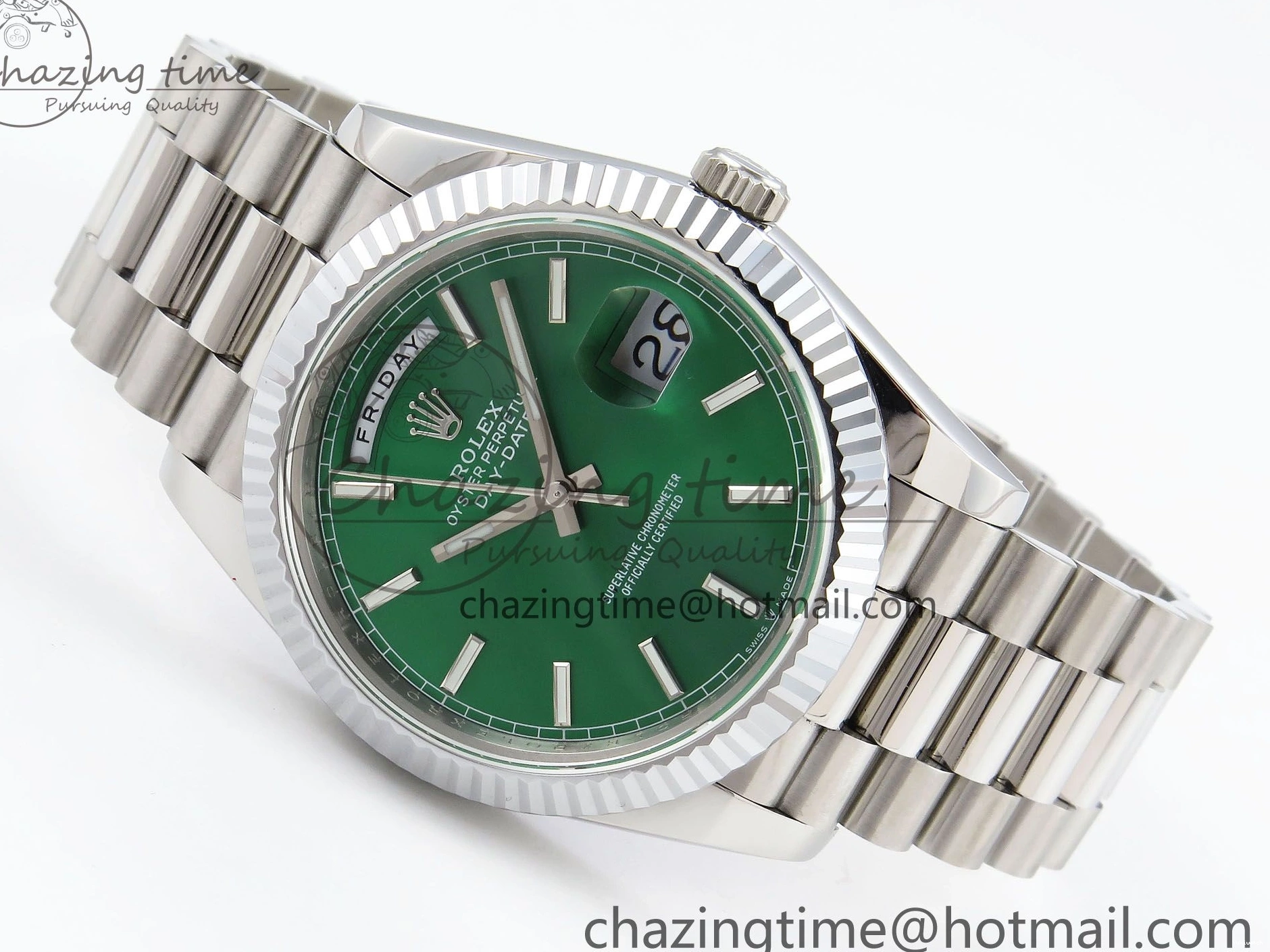 Stick Steel SS 40 Dial (Gain V3 Light JDF Weight) President Green DayDate on VR3255 904L Bracelet 0401